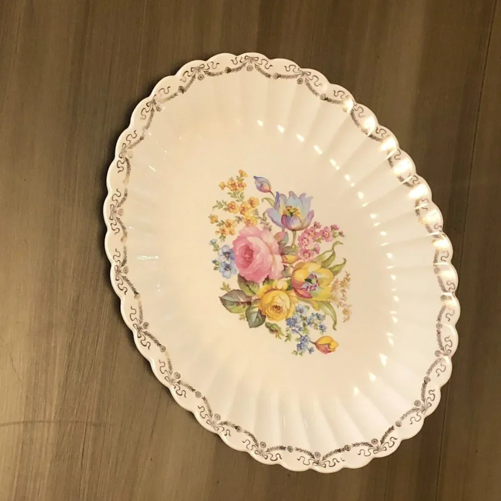 Cream Floral Scalloped Serving Platter